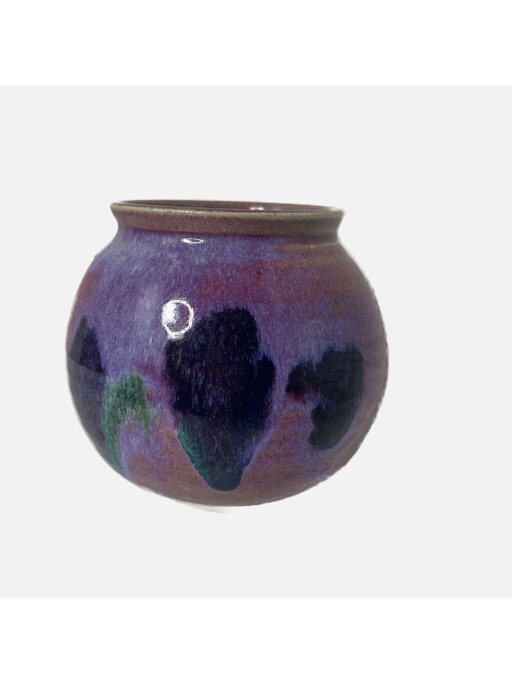 Studio Art Pottery Flower Vase Wide Mouth Purple Ribbed Signed by Artist
